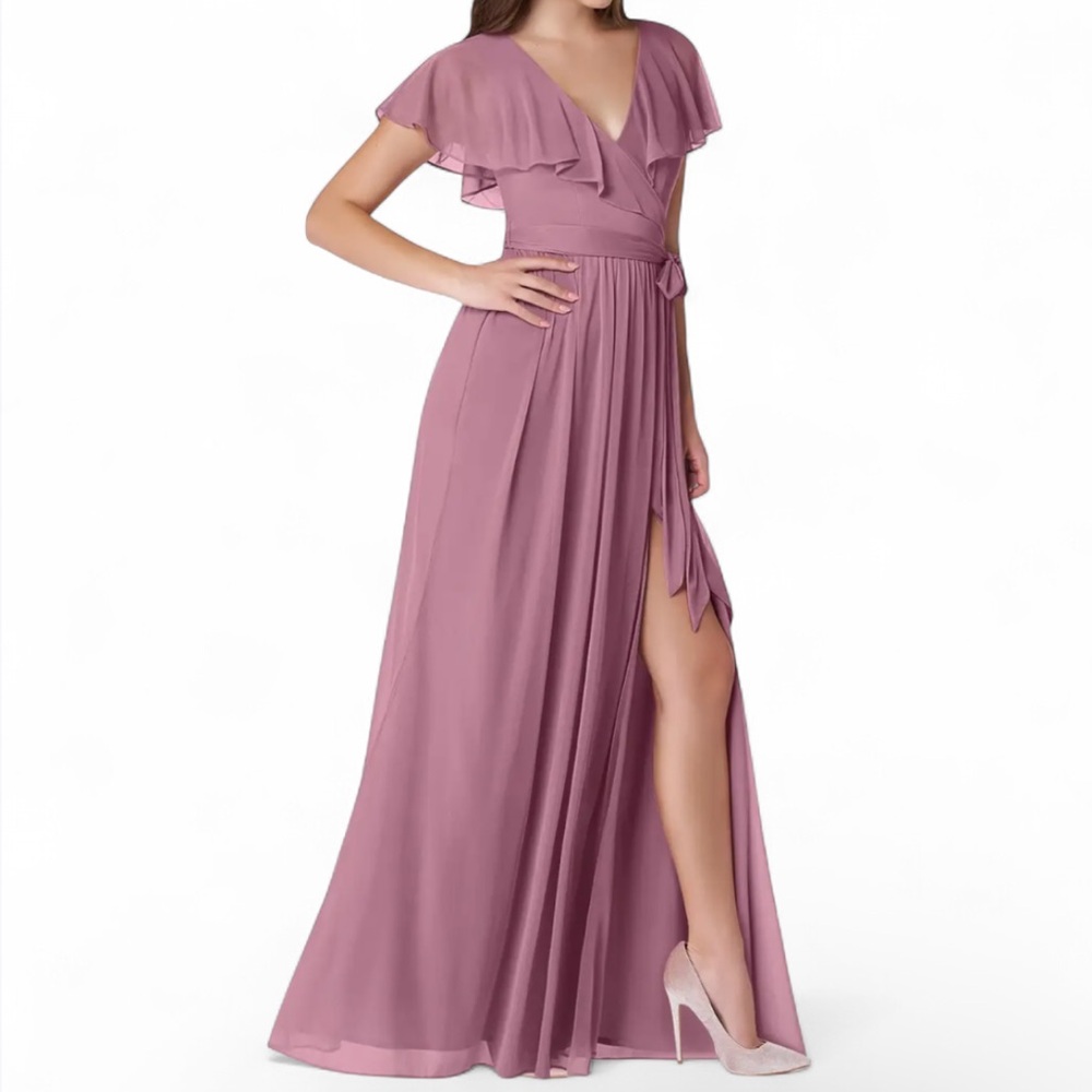 AZAZIE Jael Dusty Mauve V-Neck Ruffle Maxi Dress Bridesmaid Formal Gown Size 12 - Picture 1 of 15